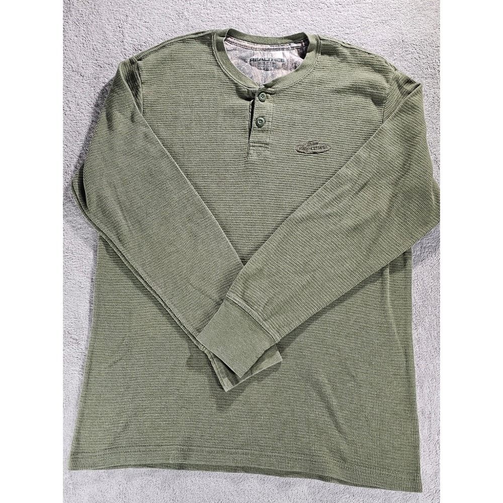 Realtree Mens Waffle Knit Thermal Henley Shirt Olive Green Long Sleeve Medium